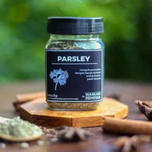 Parsley kering asli 100% dari Warung Rempah, warna hijau terang, tanpa pengawet, cocok untuk sup, pasta, dan masakan Western.
